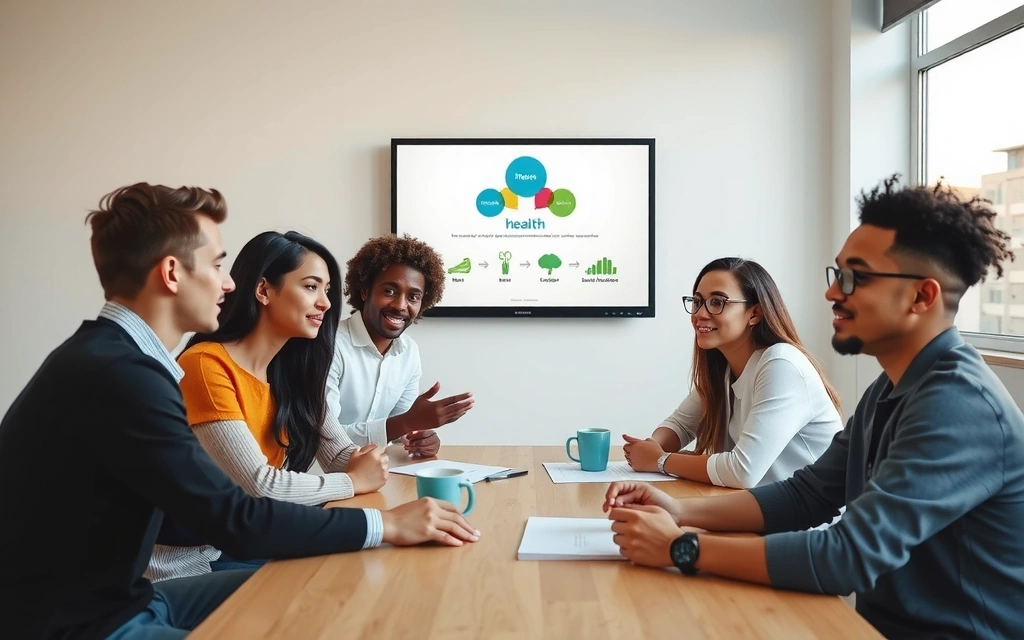 Un grupo de fundadores de Vitaminasnaturaleplus discutiendo ideas en una oficina moderna y luminosa