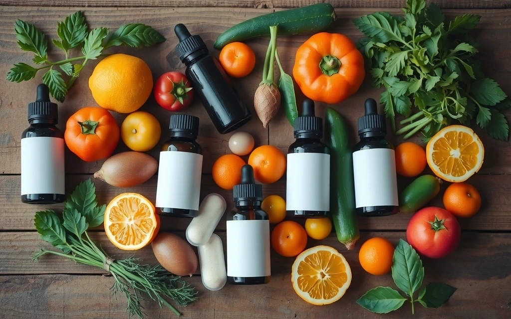 Mesa con diversos suplementos naturales, hierbas secas, frutas y verduras frescas, simbolizando la abundancia de la naturaleza para la salud.