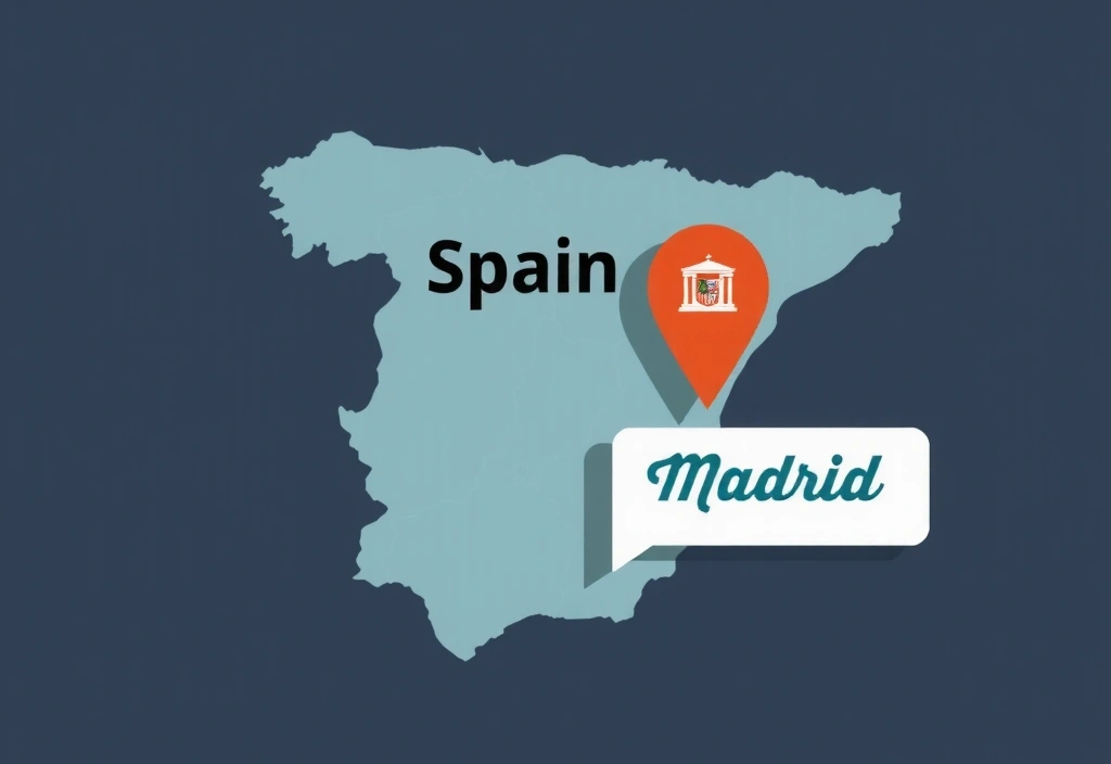 Ilustración de un mapa de España con un pin de ubicación en Madrid, simbolizando la jurisdicción legal y el contacto